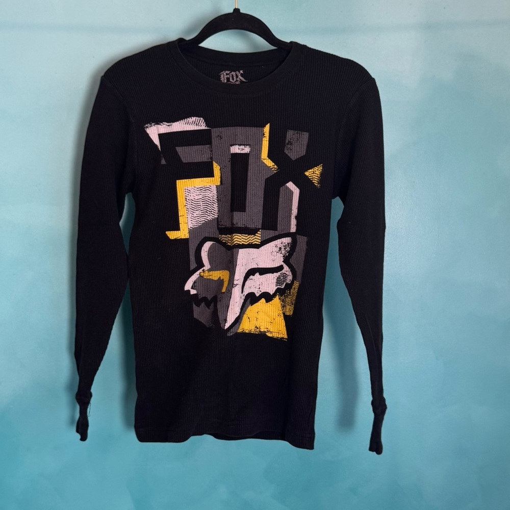 Fox Black Thermal Waffle Long Sleeve Top with White Logo